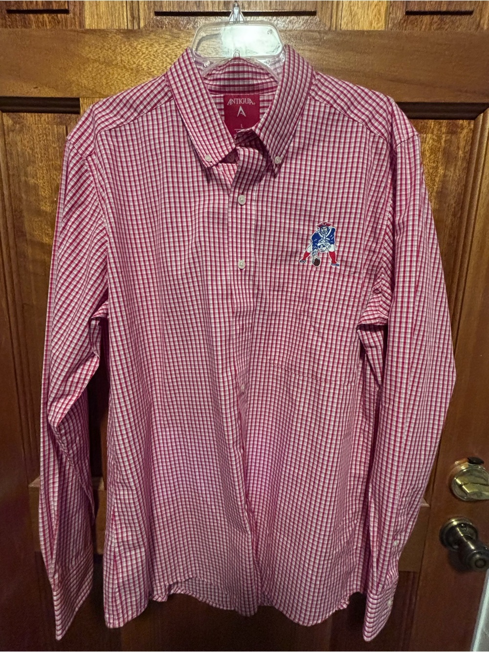 Antigua Men's Red Check Button-Down Shirt with a New England Patriot